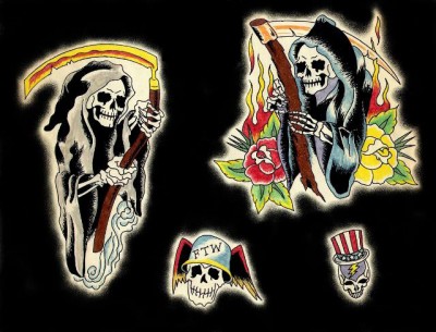 Эскизы татуировки смерть с косой и цветами, череп в каске, череп в цилиндре